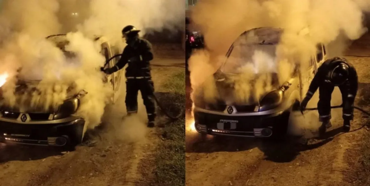 Camioneta Renault Kangoo destruida por incendio en barrio Barranquitas