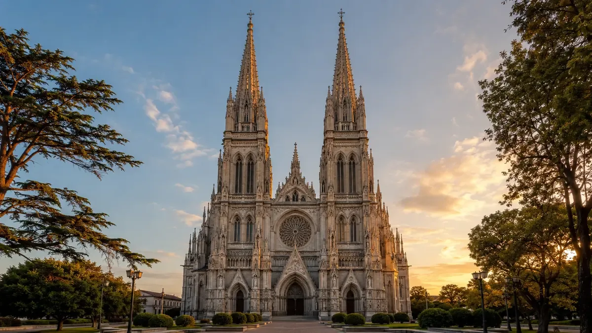 Fachada neogótica de la Catedral de La Plata con sus dos torres gemelas de piedra gris